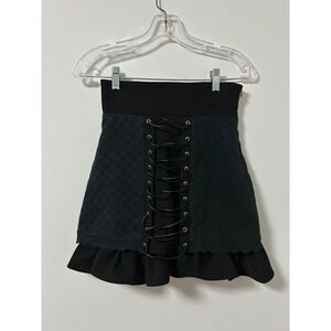 BUBBLES Black Goth Emo Witchy Eyelet Lace Up Ruffle Hem Mini Skirt Size S